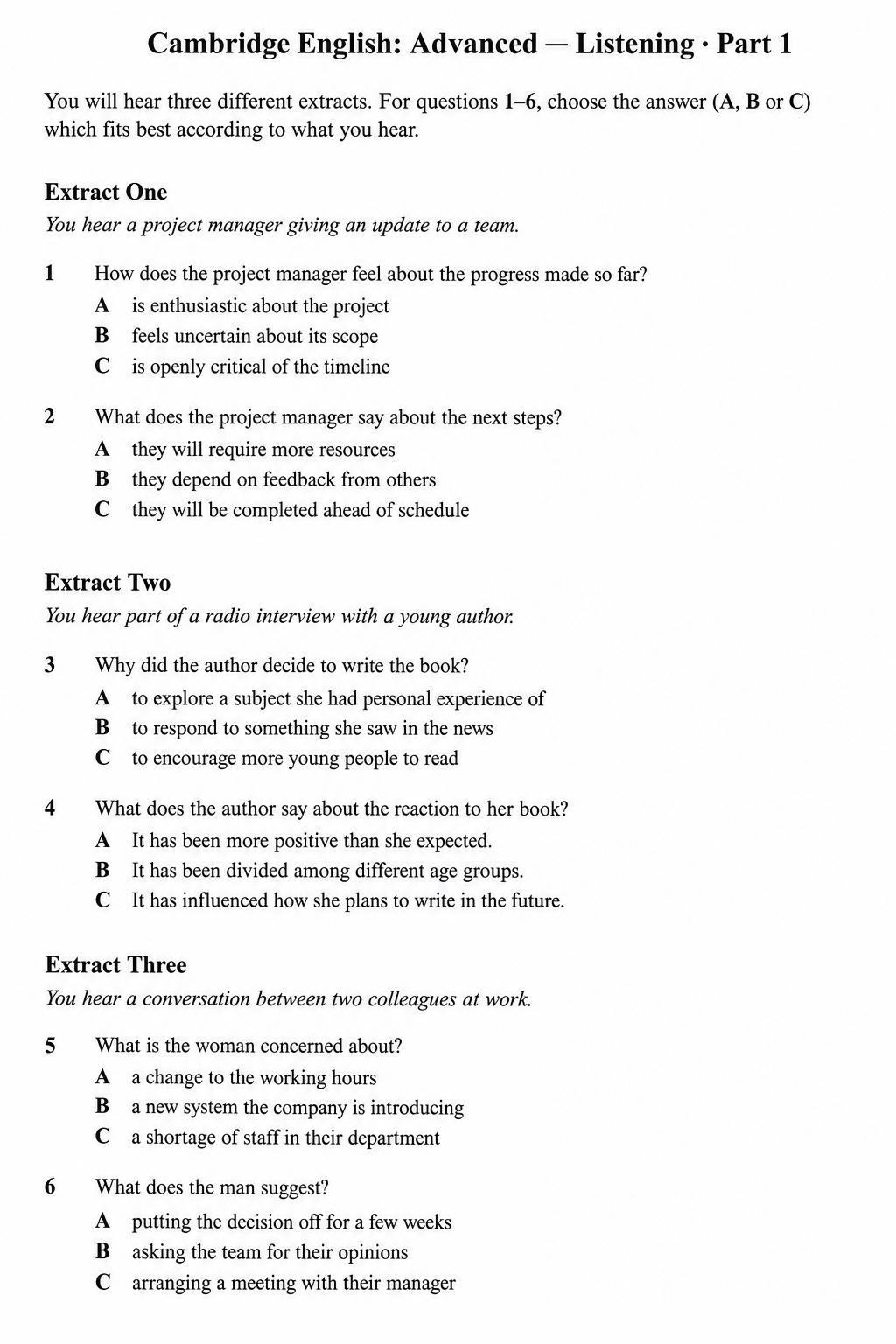 Mock Cambridge C2 Proficiency Listening Part 1 paper showing three extracts with two multiple-choice questions each.