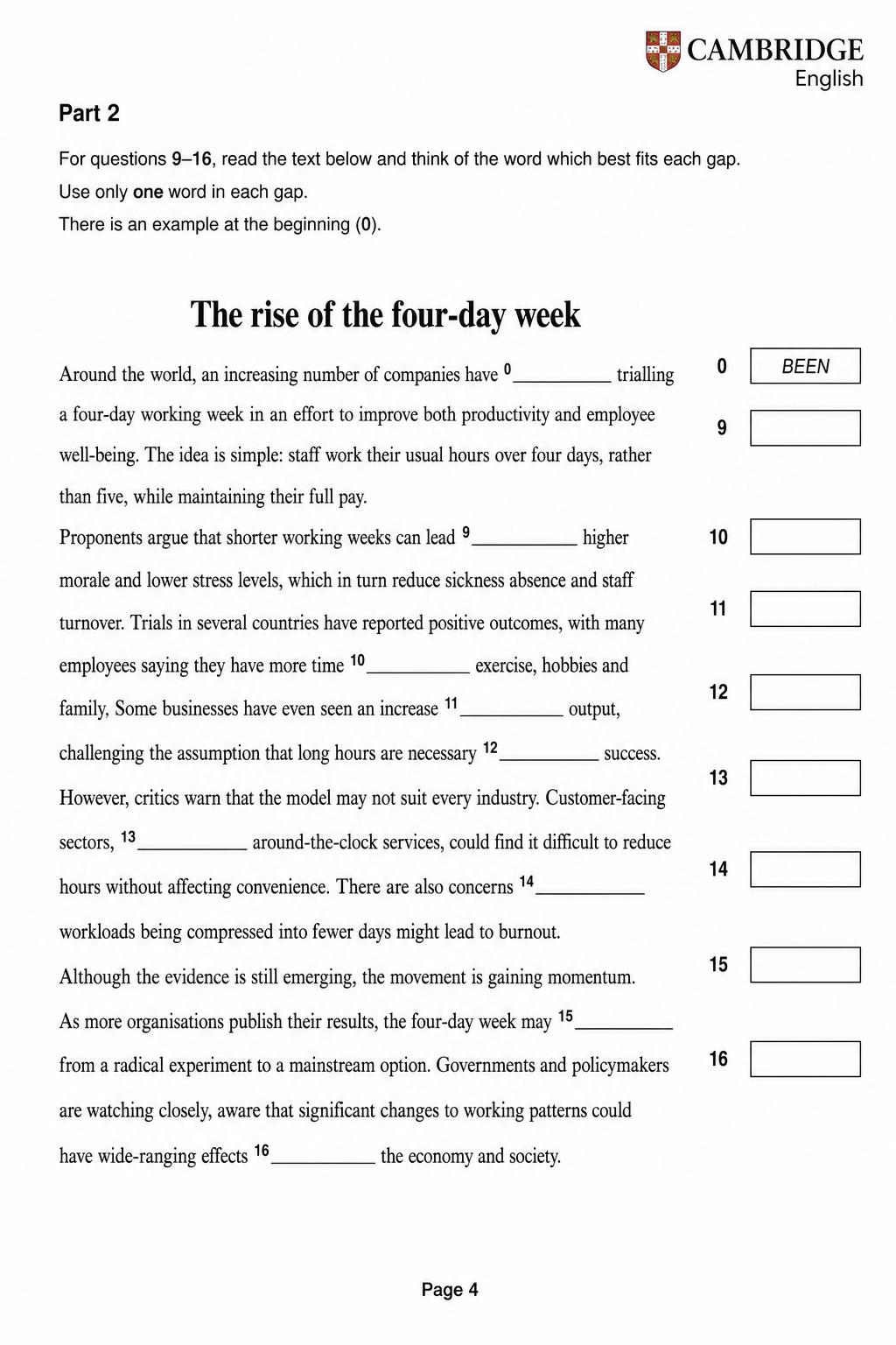 Mock Cambridge C2 Proficiency Reading & Use of English Part 2 page on the rise of the four-day week, showing example 0 BEEN and eight numbered gaps 9–16.
