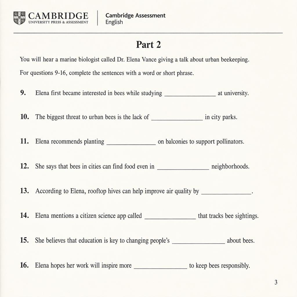 Mock Cambridge C2 Proficiency Listening Part 2 page on urban beekeeping, showing eight numbered sentence-completion gaps from 9 to 16.