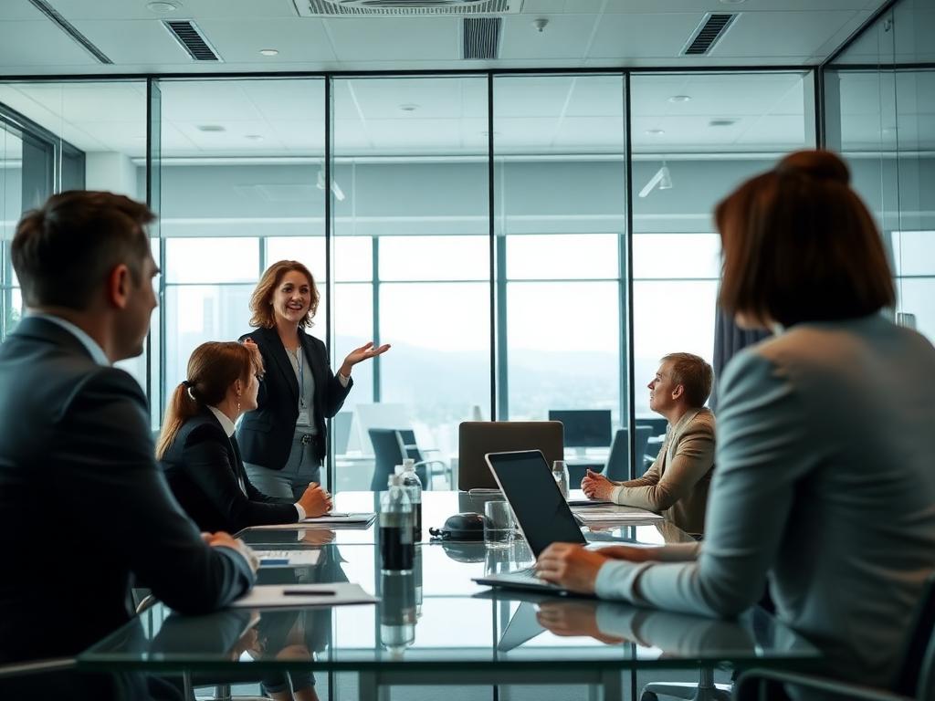 Photograph B: a woman leading a business meeting around a conference table.
