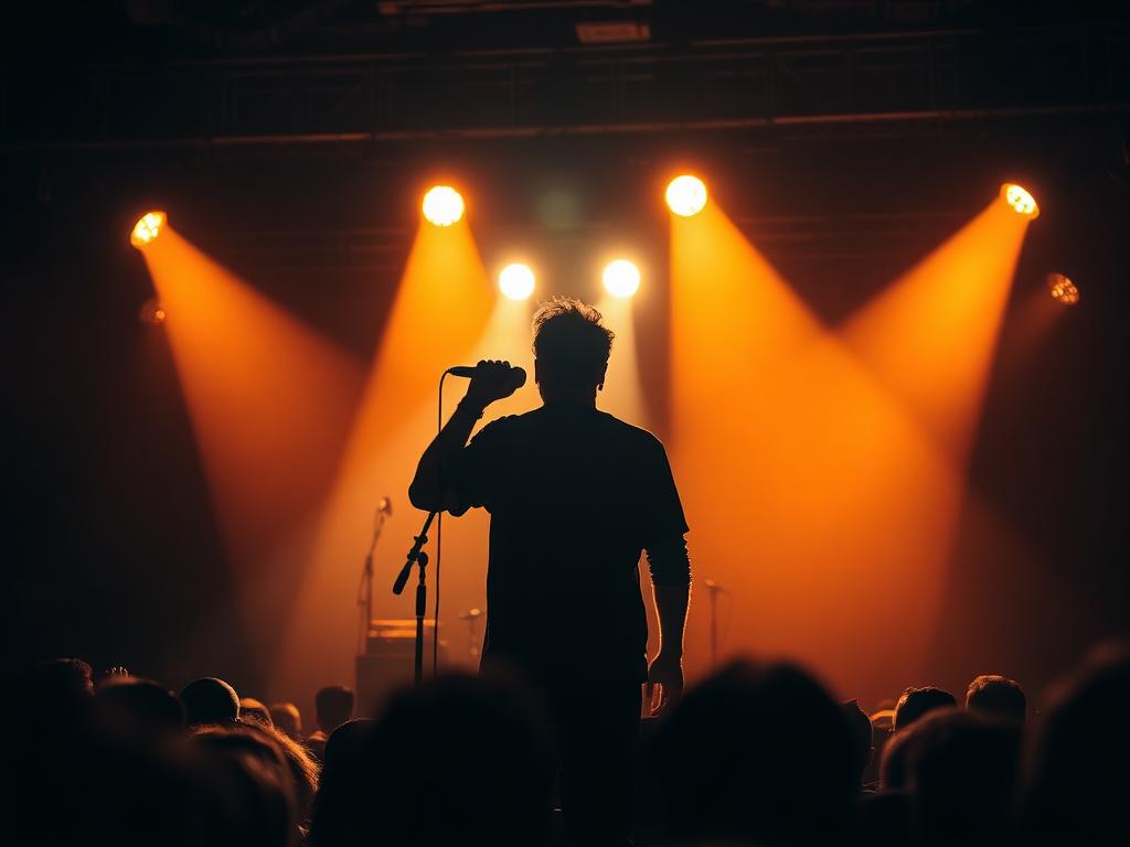 Photograph C: a performer on stage in front of a live audience.