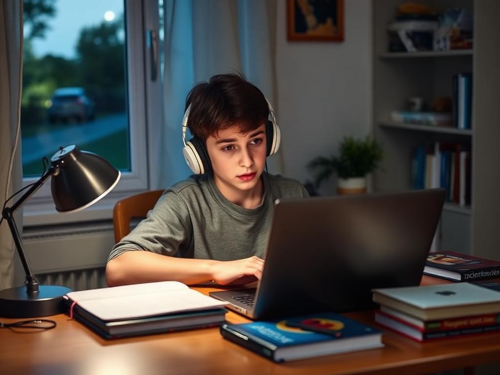 A teenager studying alone at home with headphones and a laptop