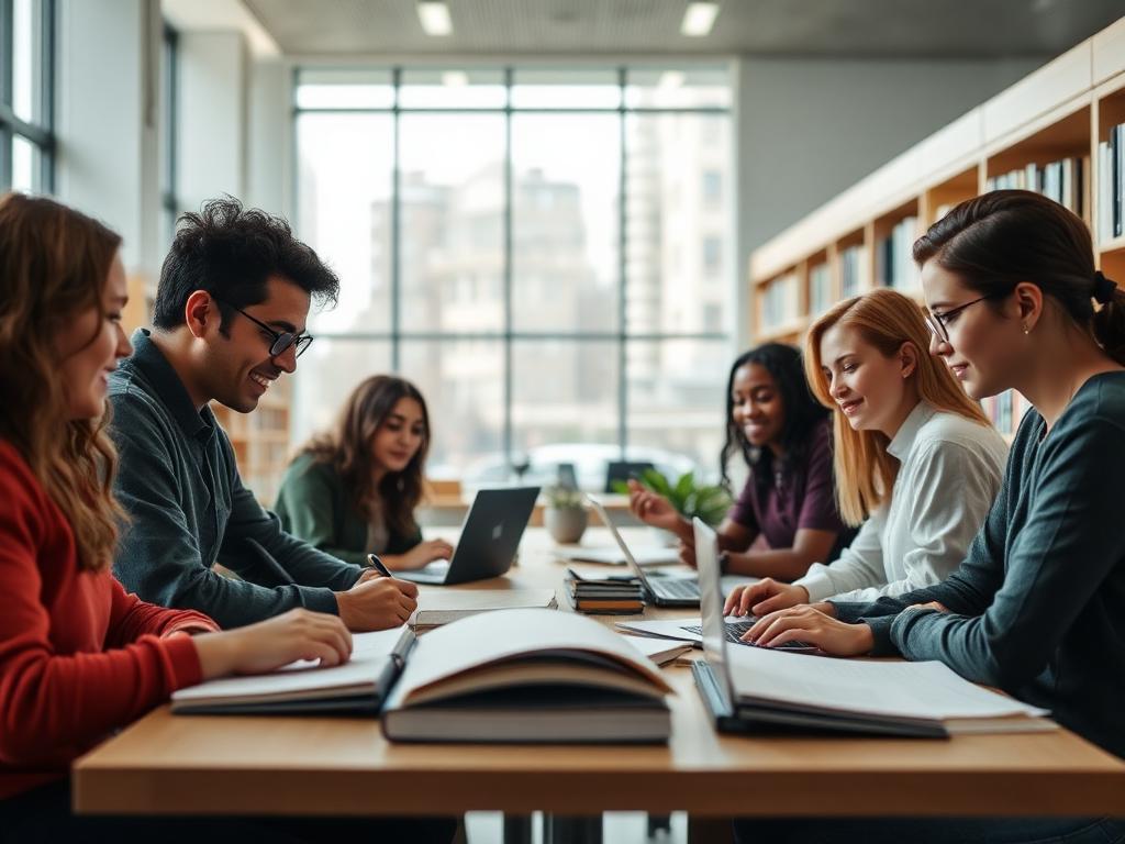 Diverse students studying together in a bright library