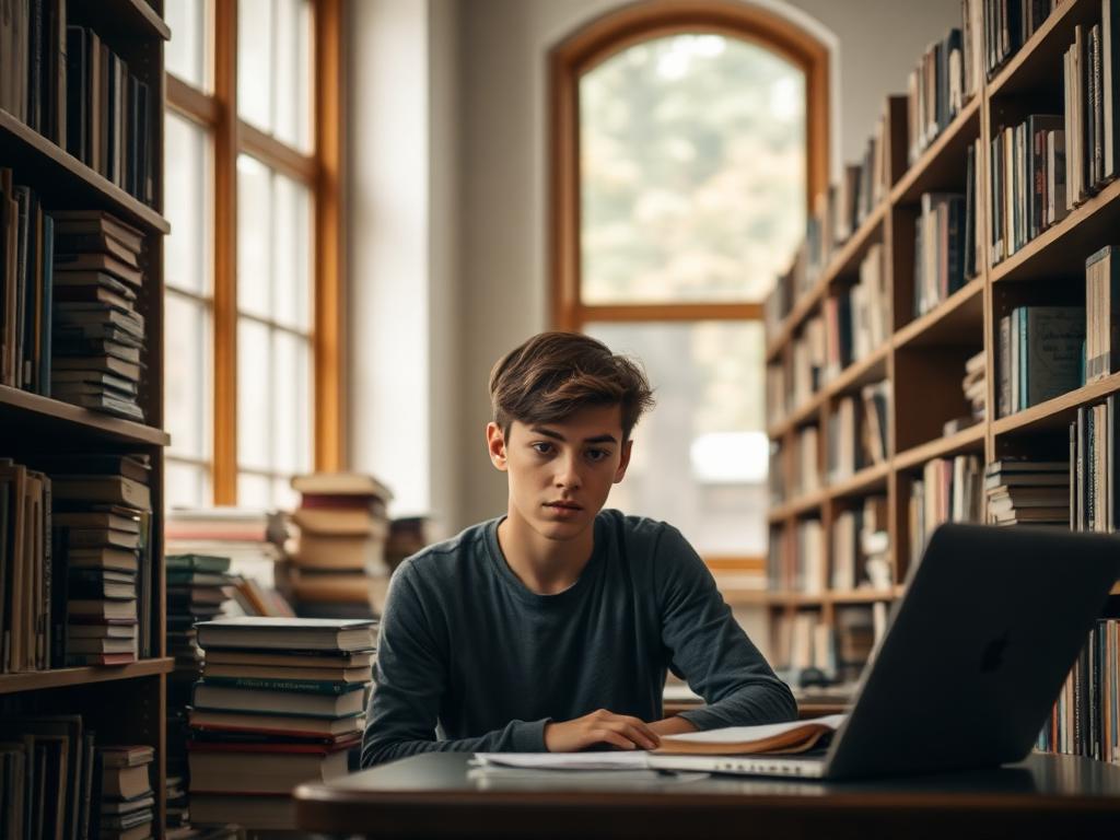 A young person studying alone in a quiet public library