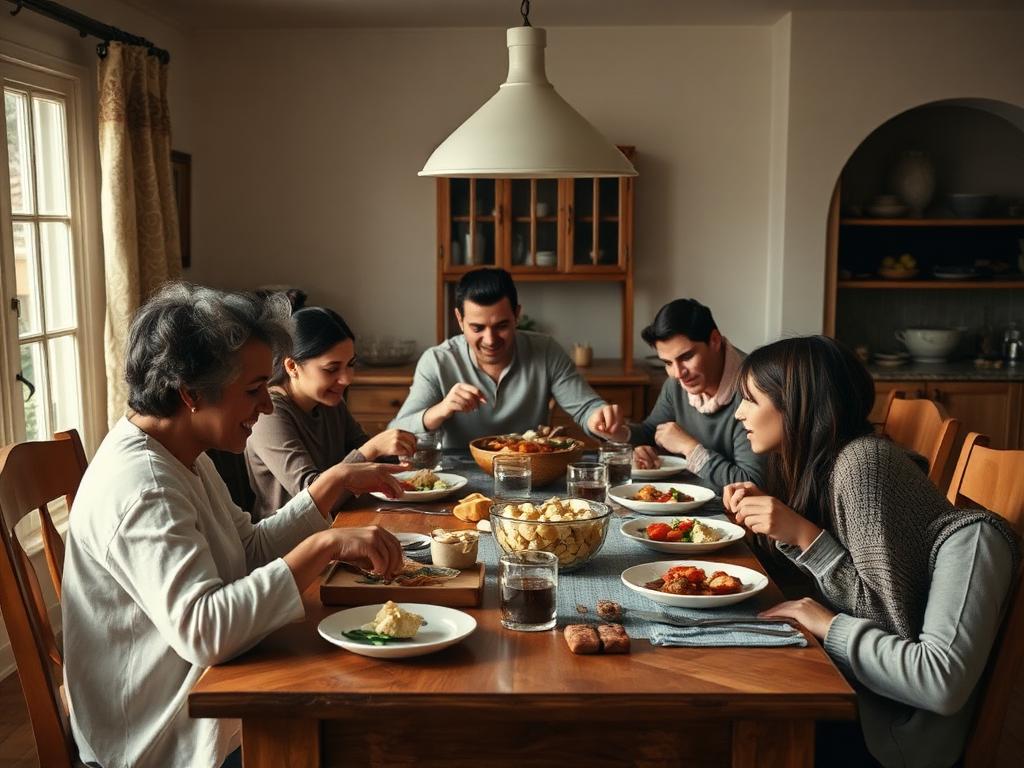 A family sharing a meal at a dining table with no visible devices.
