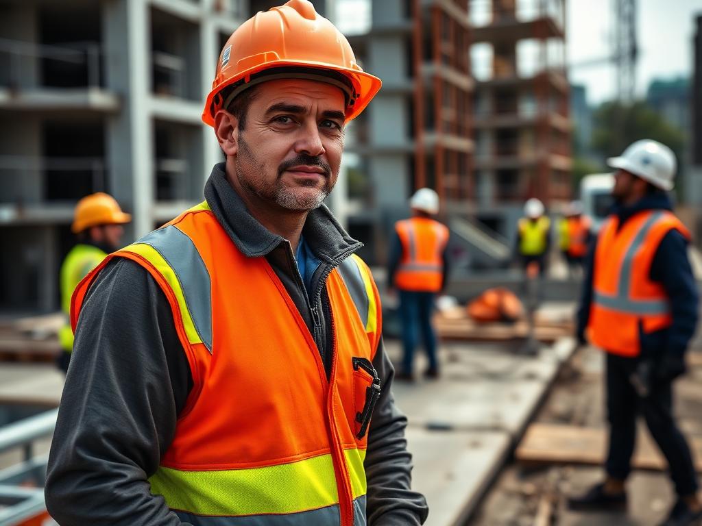 A construction worker in hi-vis vest on an outdoor building site.